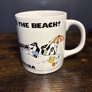Vintage Florida Penguins Where's The Beach Coffee Mug Tea Cup Retro Souvenir